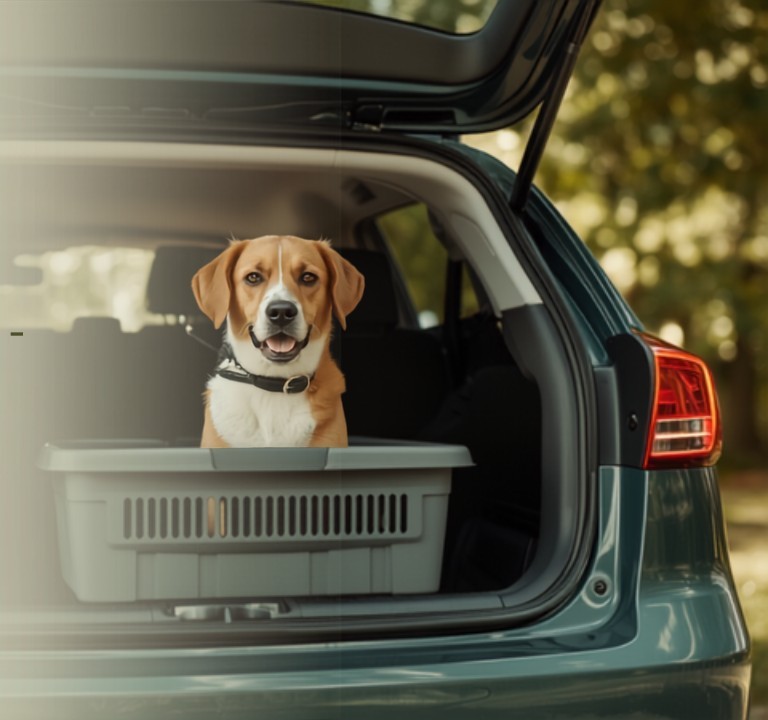 KI-generiertes Symbolbild: Hund sitzt in einer Transportbox im geöffneten Kofferraum